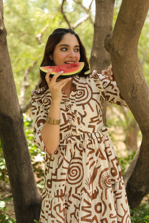 Women Abstract Printed Pure Cotton Tiered Fit & Flare Midi Dress